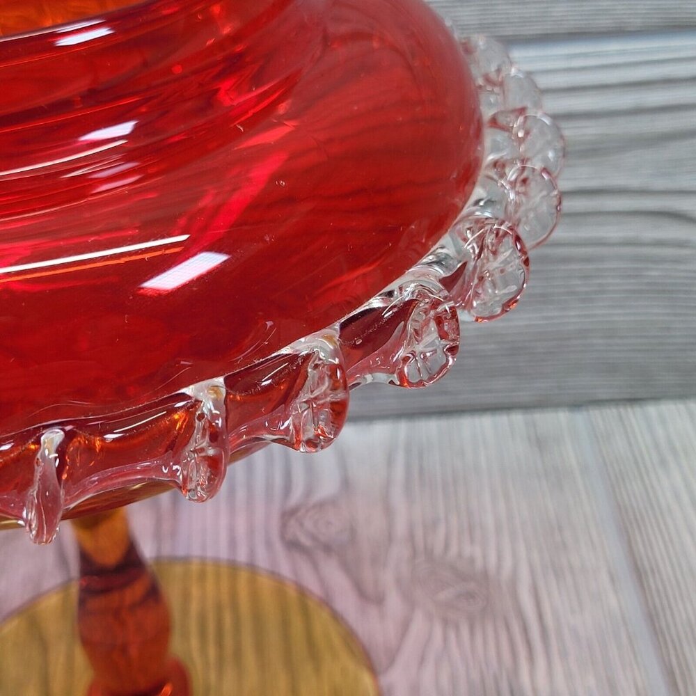 Vintage Ruby Red‎ Art Glass Pedestal Compote Bowl Clear Ruffled Edge 7.5 Inch - Picture 5 of 13